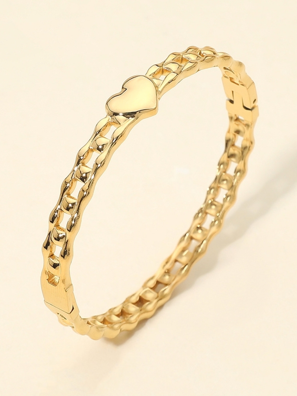 Gold Heart Stainless Steel Metal Hinged Chain Link Bangle Bracelet